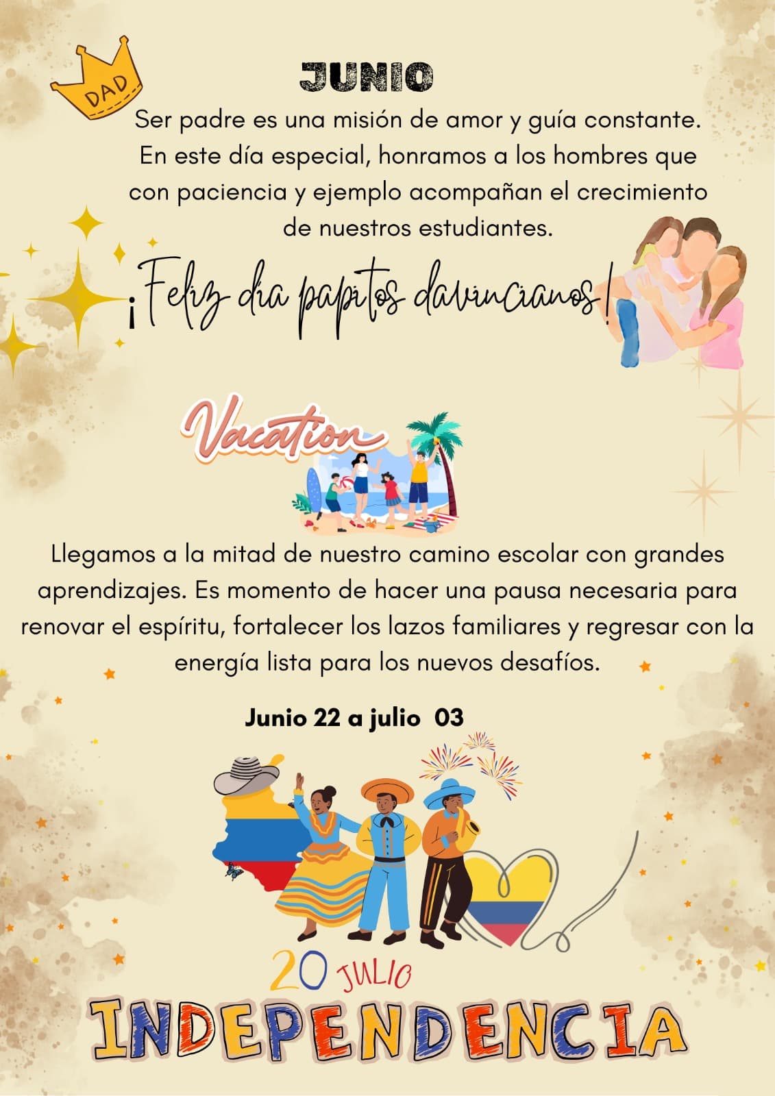 Afiche institucional — Junio y Julio 2026: Día del Padre, vacaciones e Independencia